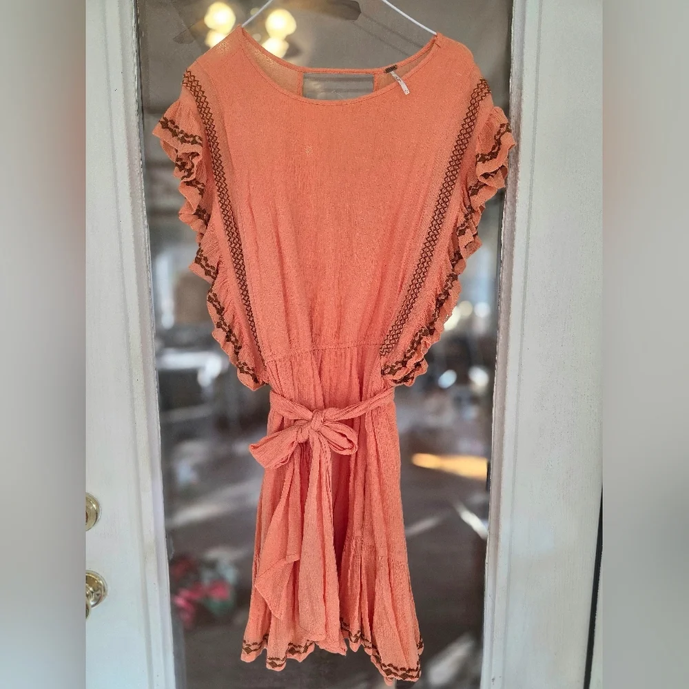 Free People Boho Mini Orange Dress Sz Large Whimsical Festival Concert - Picture 2 of 4